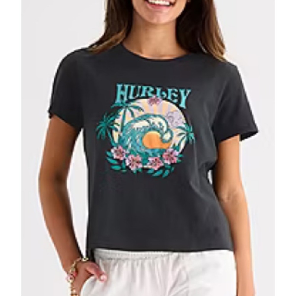 Hurley Womens Graphic Tee Black‎ Wave Hibiscus Floral T-Shirt Large TFA01085T